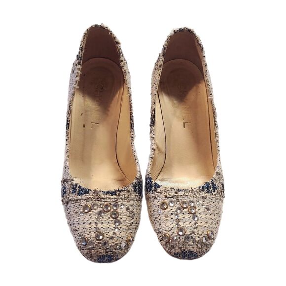Chanel [Authentic] Metallic Tweed Rhinestone CC Closed Toe 3" Heels Size 6.5 - 7 - Picture 5 of 13